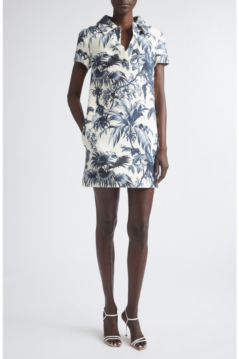 Palm Leaves Print Cotton & Wool Blend Tweed Dress, Main, color, NAVY/ IVORY