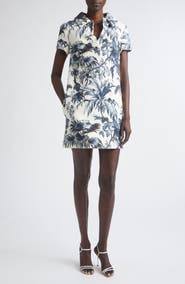 Oscar de la Renta Palm Leaves Print Cotton & Wool Blend Tweed Dress