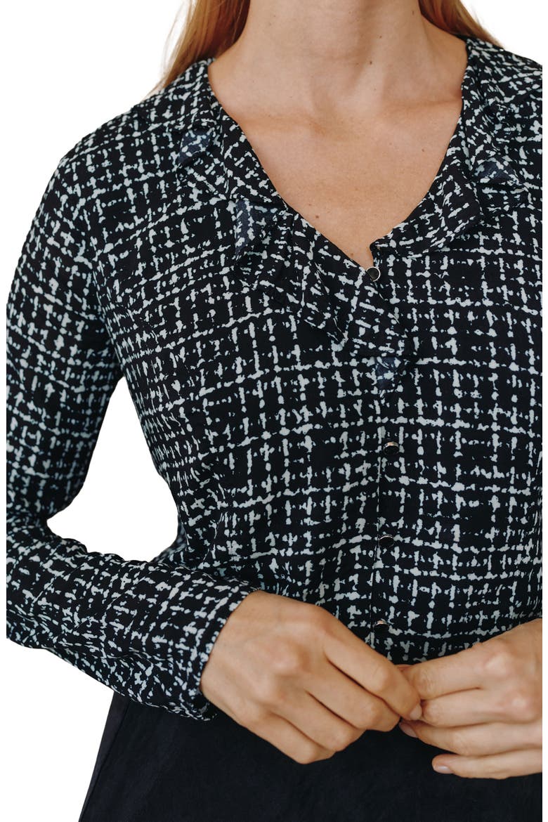 Ruffled Long Sleeve Rayon Top, Alternate, color, GRID PRINT