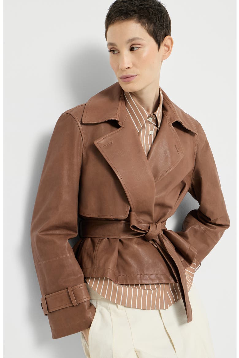 Vintage nappa leather cropped trench with monili, Alternate, color, Brown