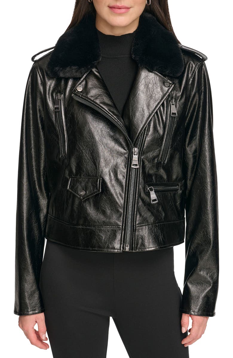 DKNY Crackle Faux Leather Moto Jacket with Faux Fur Collar, Main, color,