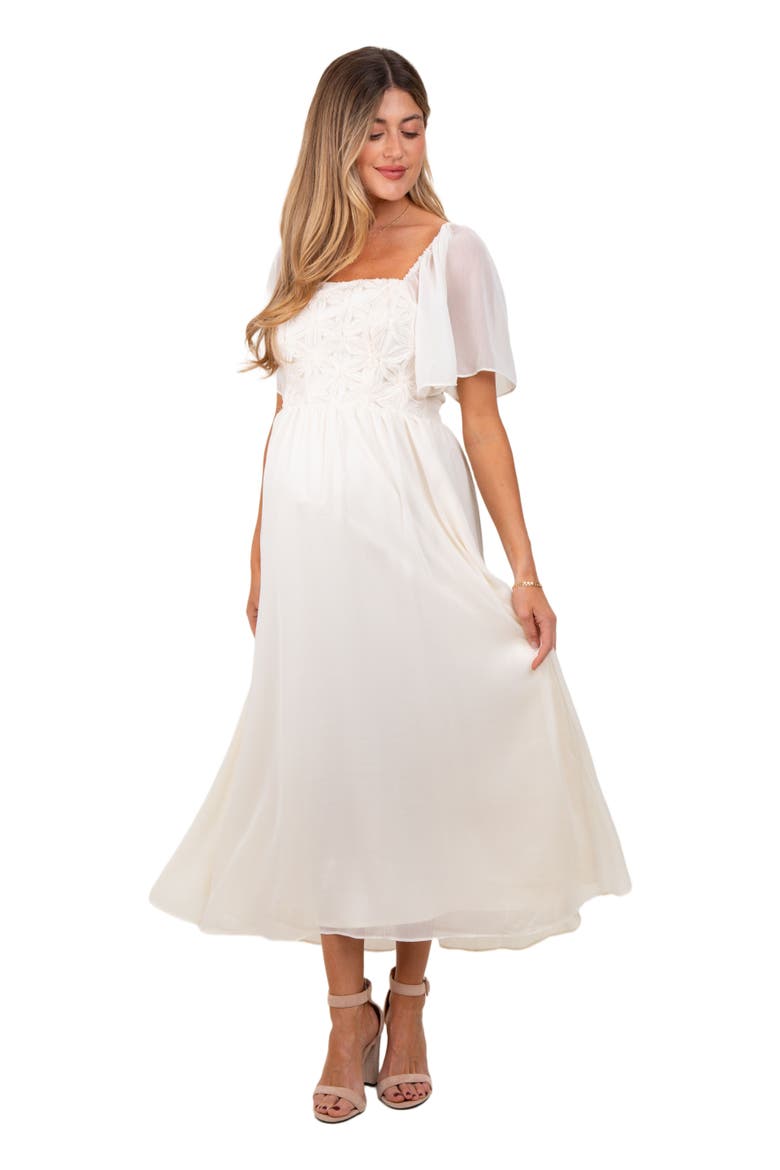 Floral Applique Flutter Sleeved Midi Dress, Alternate, color, Cream