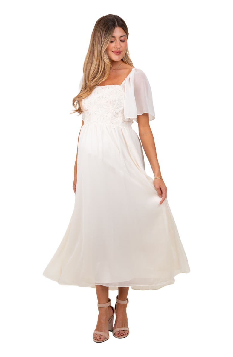 PinkBlush Floral Applique Flutter Sleeved Midi Dress, Alternate, color, Cream