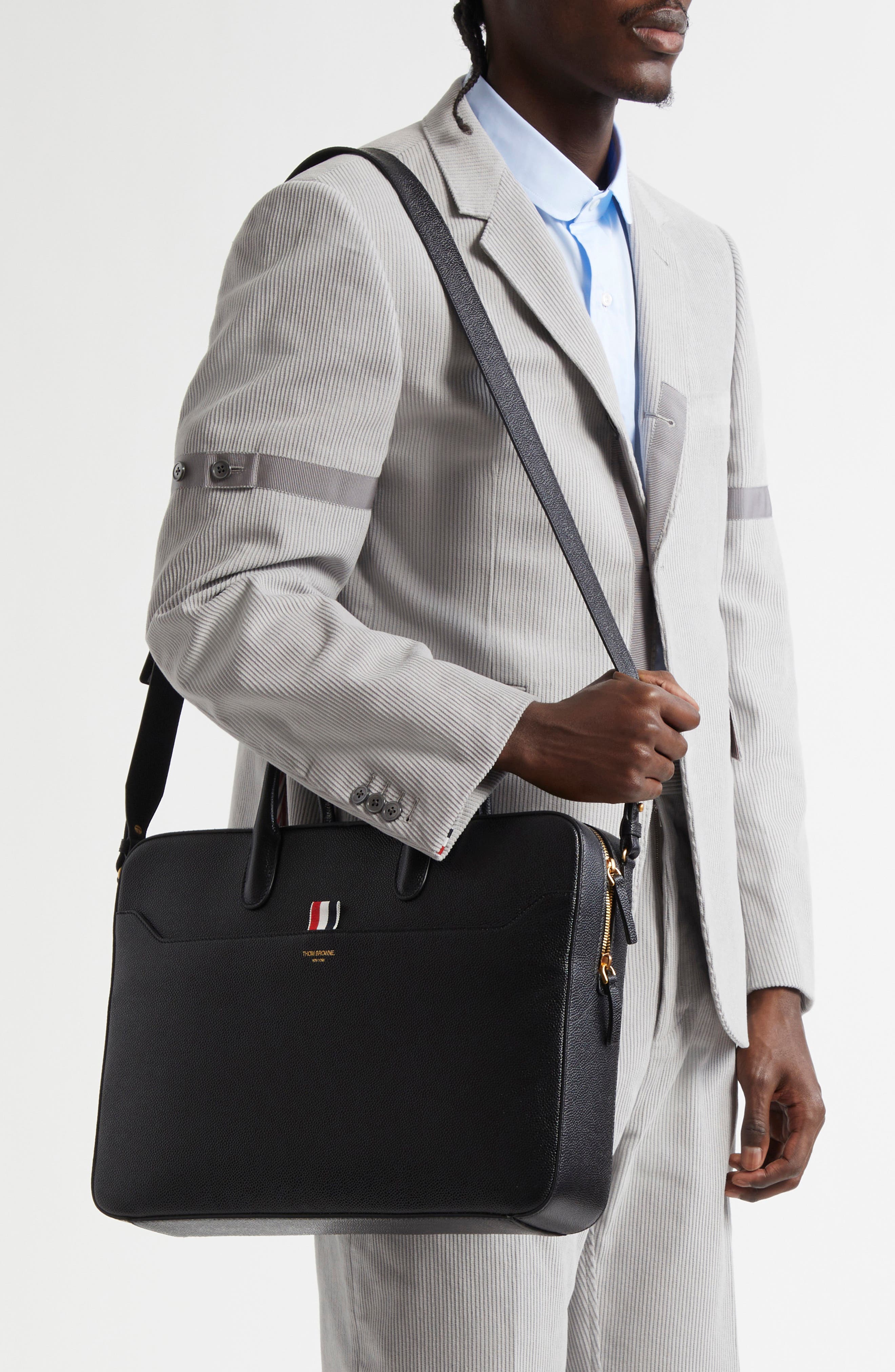 Thom Browne Pebbled Leather Business Bag, Alternate, color, Black