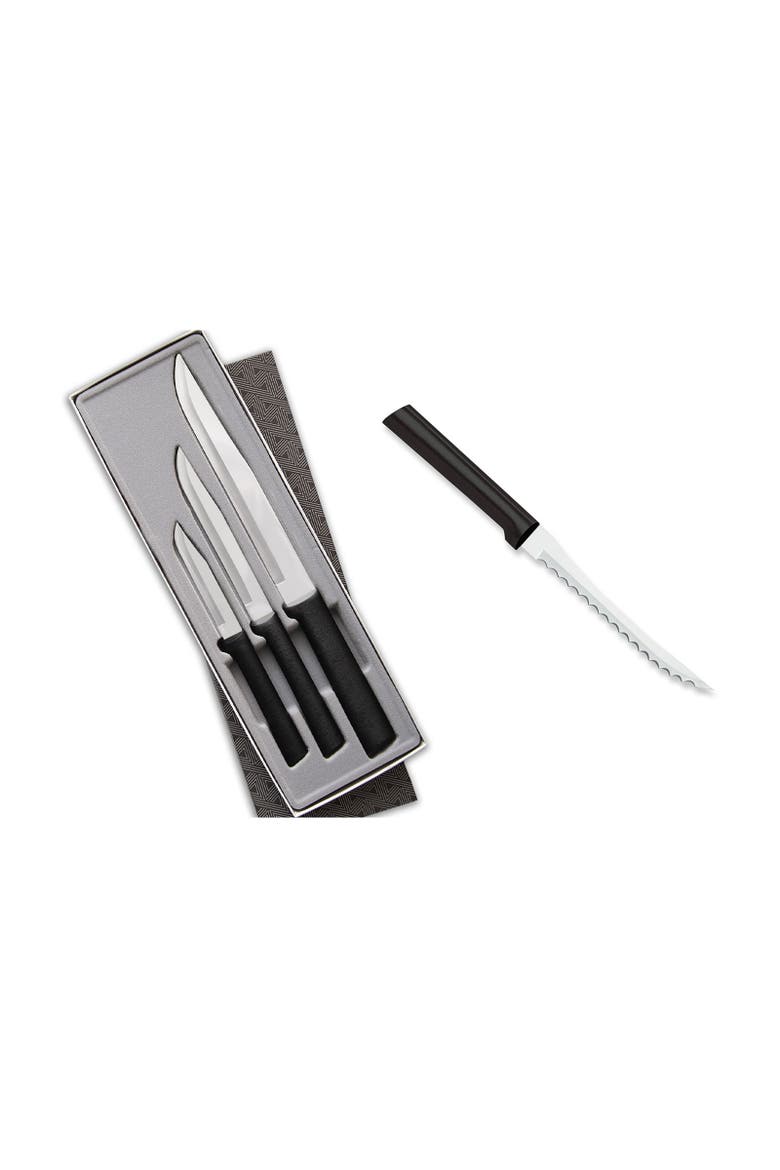 3 Piece Housewarming Knife Gift Set & 5-Inch Tomato Slicer Stainless Steel Serrated Blade, Main, color, Black
