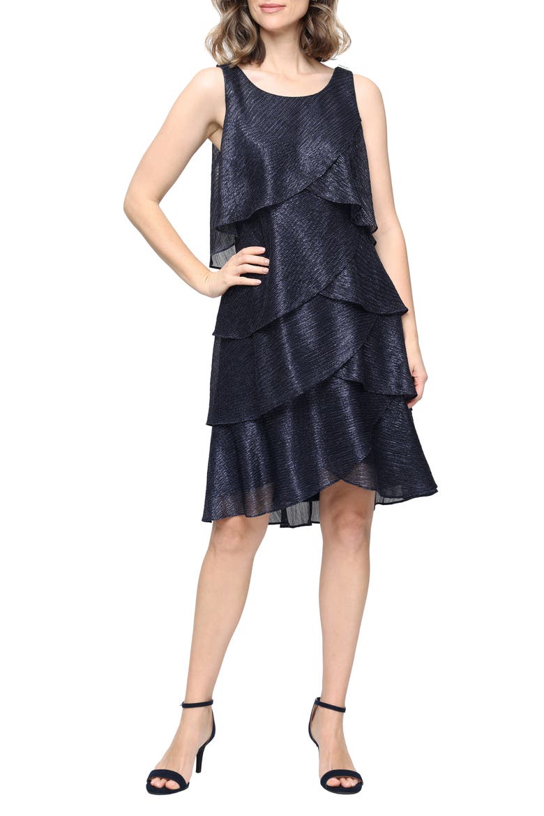Metallic Ruffle Sleeveless Cocktail Dress, Main, color, NAVY