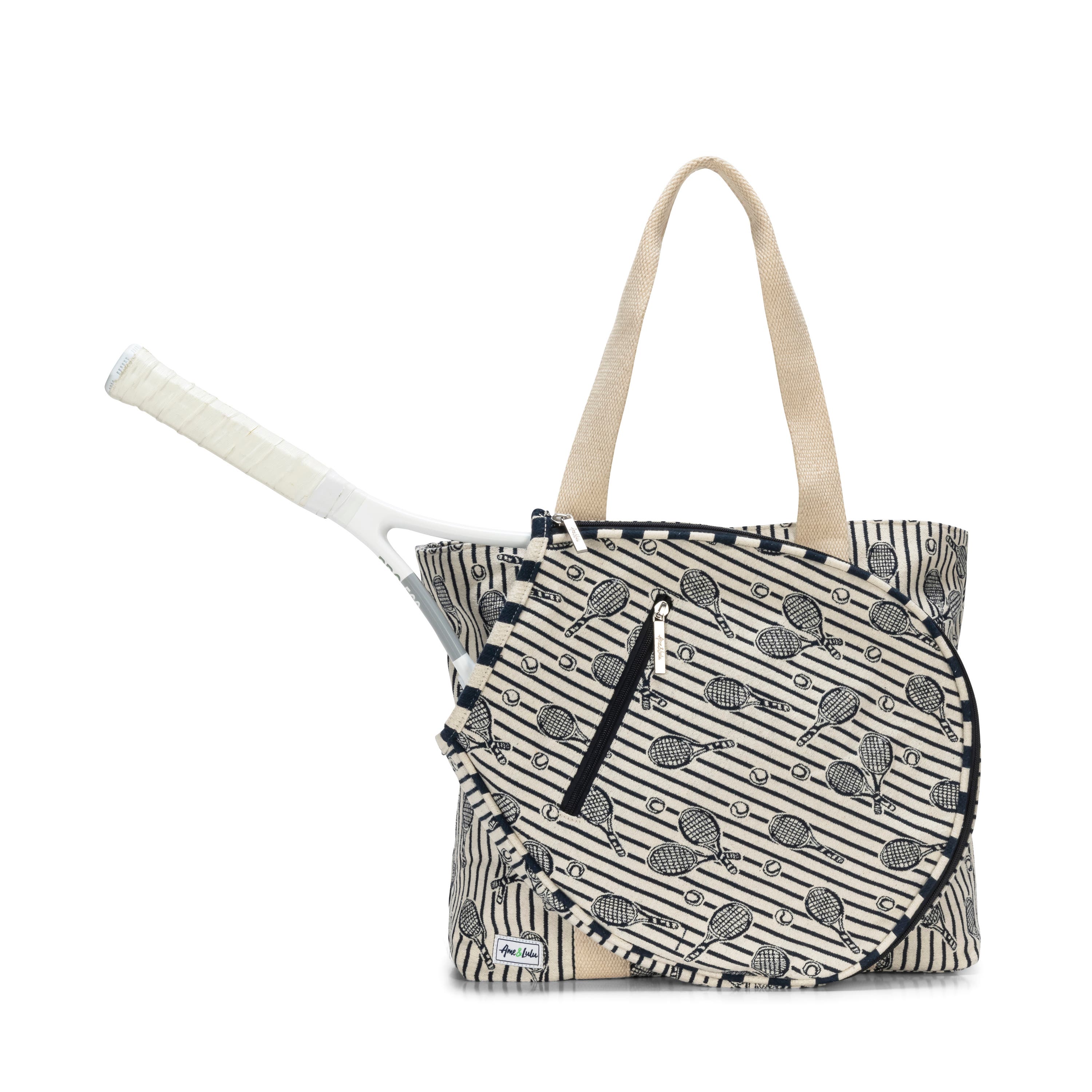 Ame & Lulu Court Classic Tennis Tote/ Navy Raquet Stripes, Main, color, Navy