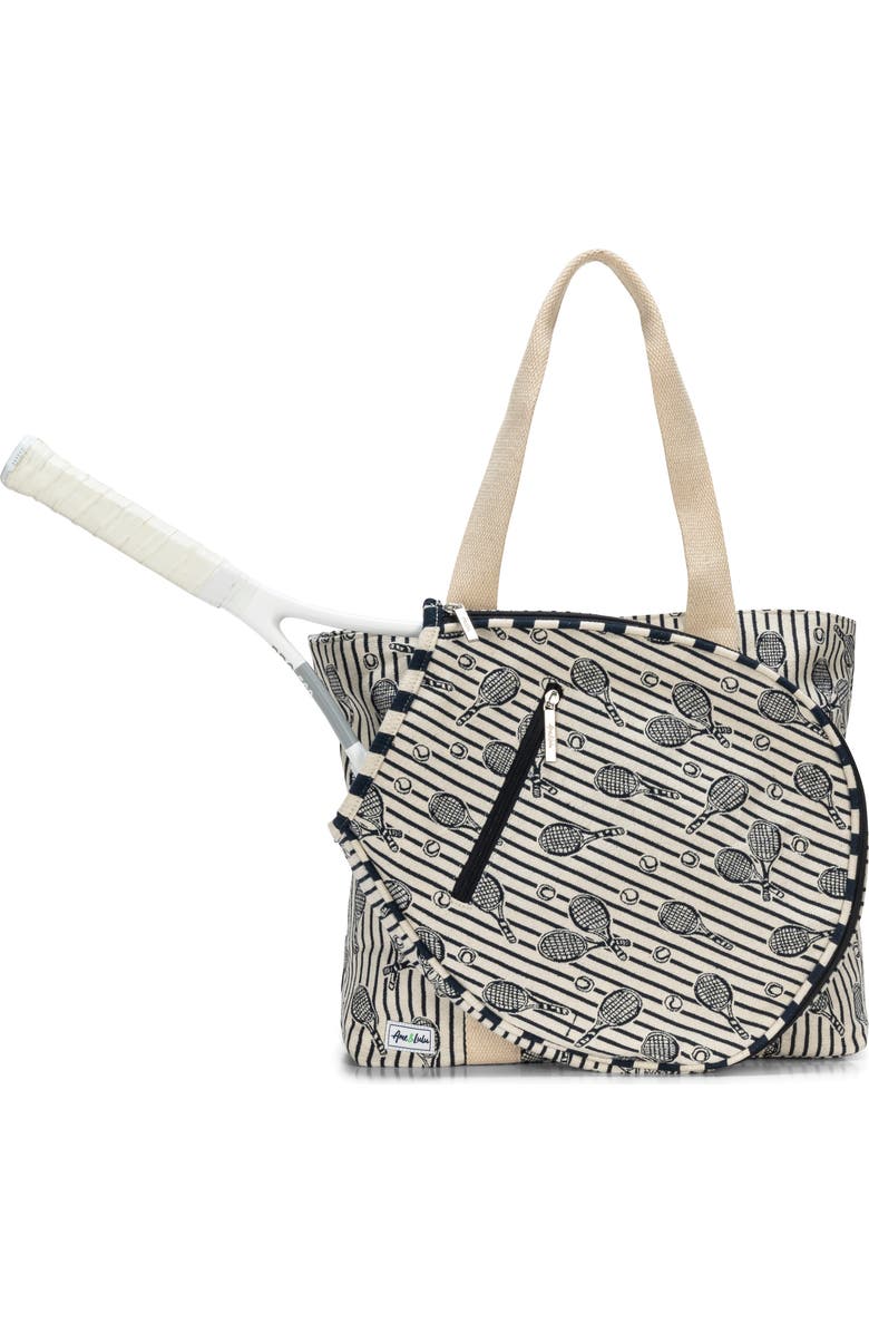 Ame & Lulu Court Classic Tennis Tote/ Navy Raquet Stripes, Main, color, Navy