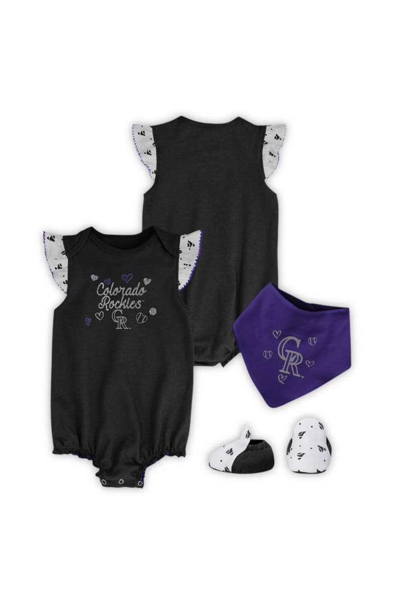 Outerstuff Girls Newborn & Infant Black Colorado Rockies 3-Piece Home Plate Bodysuit Bib & Booties Set, Main, color, 