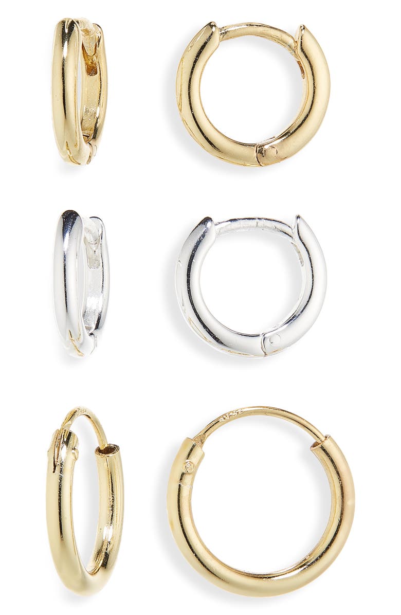 ARGENTO VIVO 3-Pack Huggie Hoop Earrings Set, Main, color, Gold/ Silver
