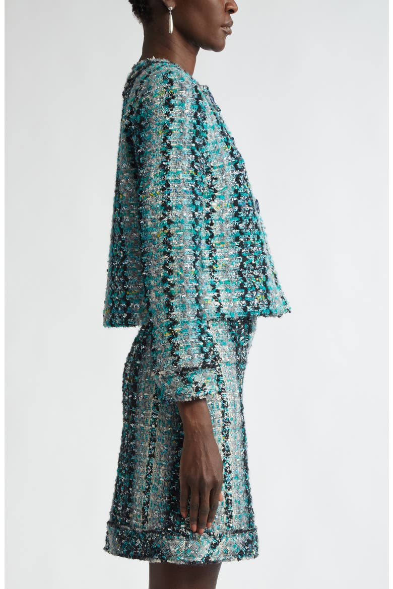 Foiled Eyelash Tweed Crop Jacket, Alternate, color, JUNIPER/ AQUAMARINE MULTI