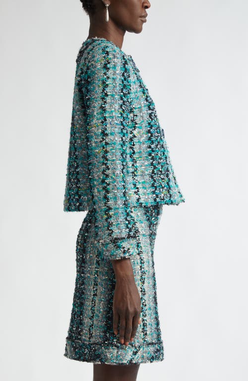 St John St. John Collection Foiled Eyelash Tweed Crop Jacket In Juniper/aquamarine Multi