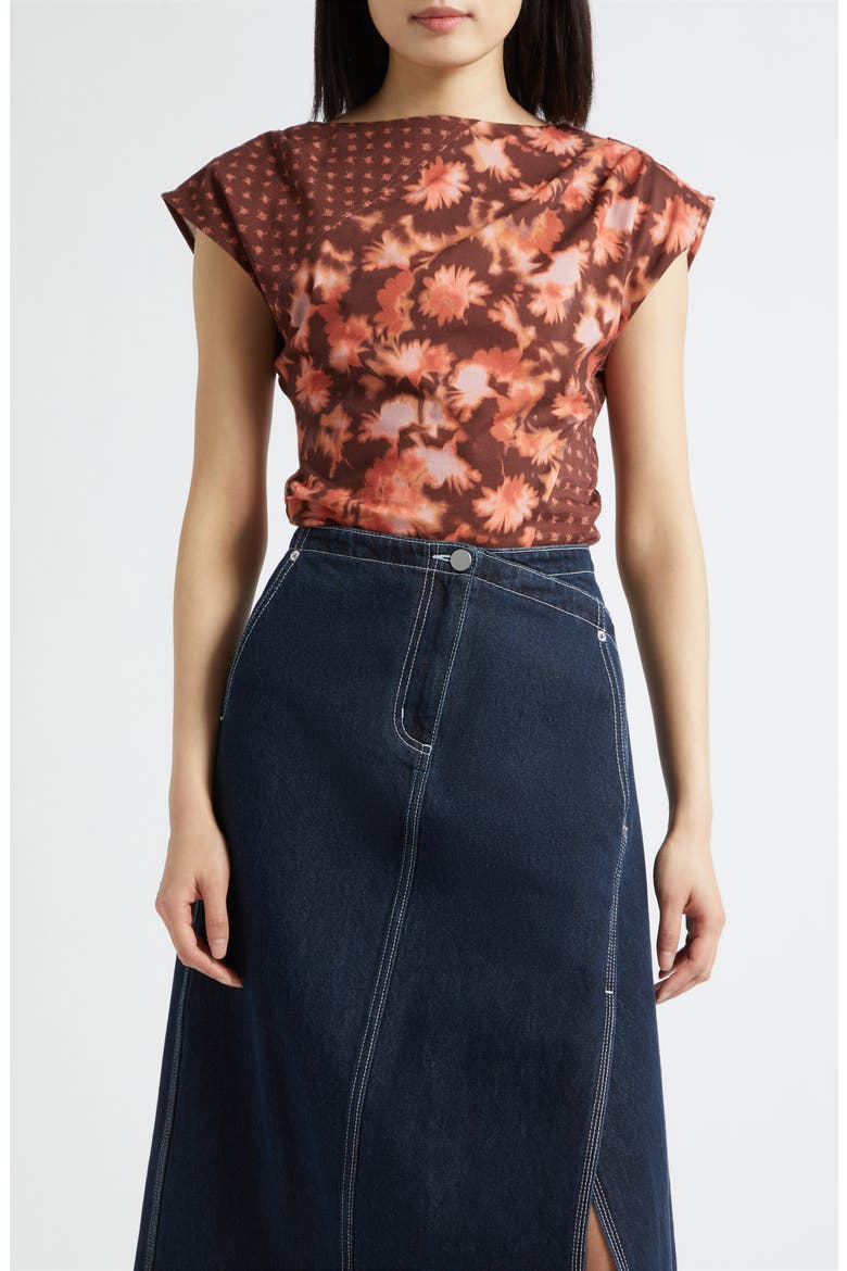 Desert Floral Patchwork Cap Sleeve Cotton Top, Main, color, RUST MULTI