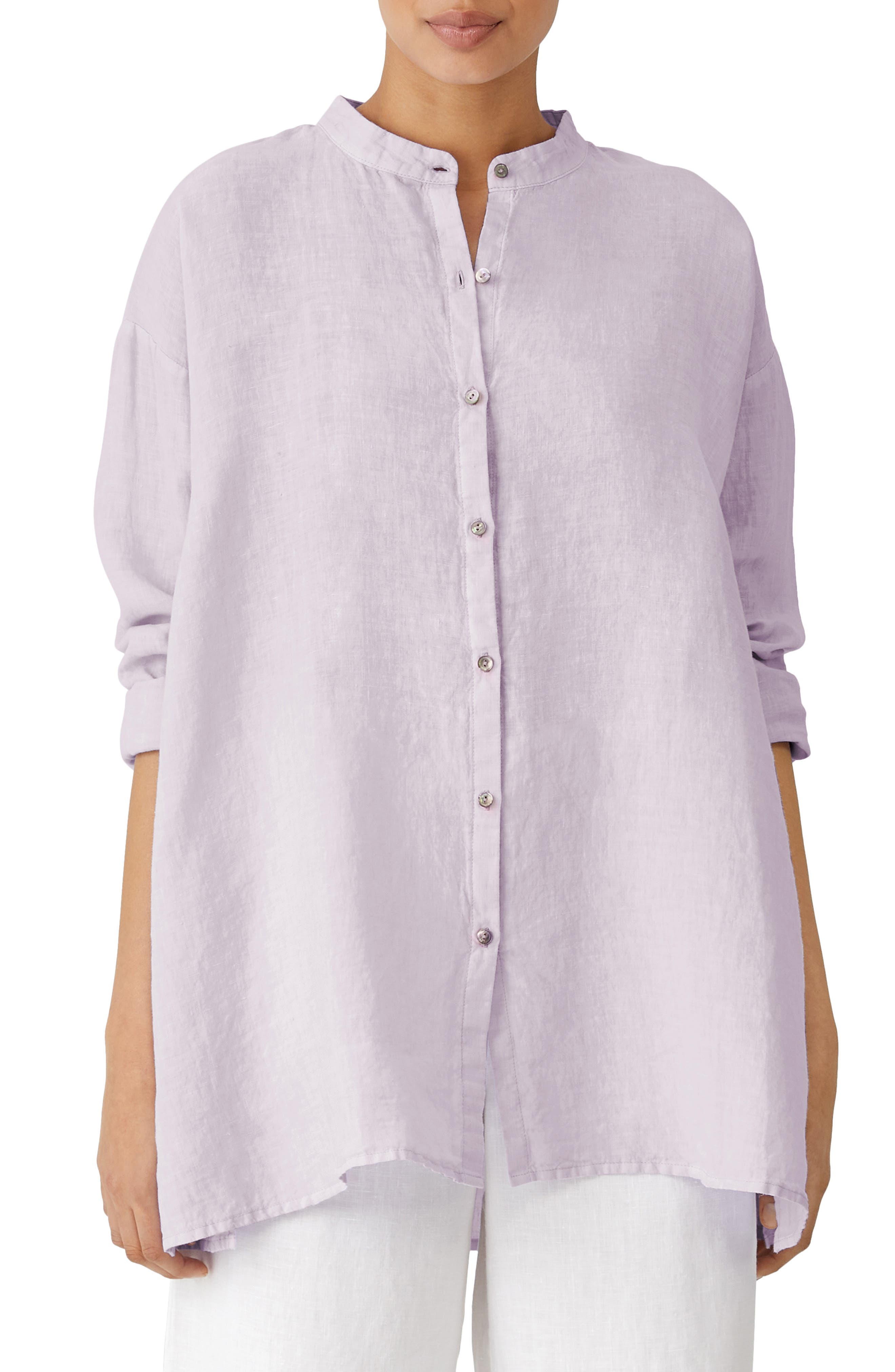 Eileen Fisher Band Collar Organic Linen Shirt (Women) | Nordstromrack