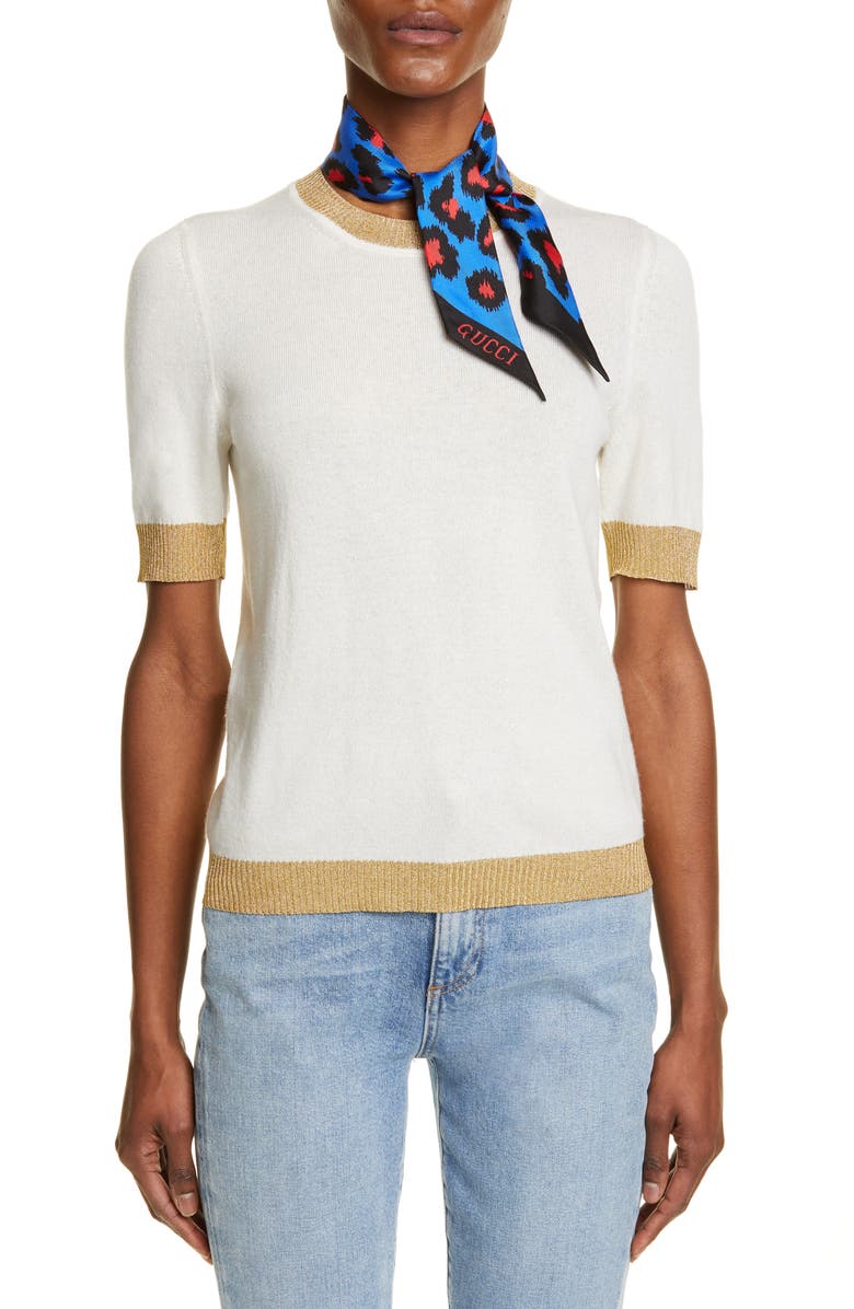 Gucci Leopard Print Silk Neck Scarf, Alternate, color, 