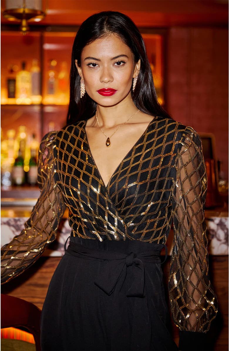 Yumi Sequin Wrap Over Jumpsuit, Alternate, color, Black