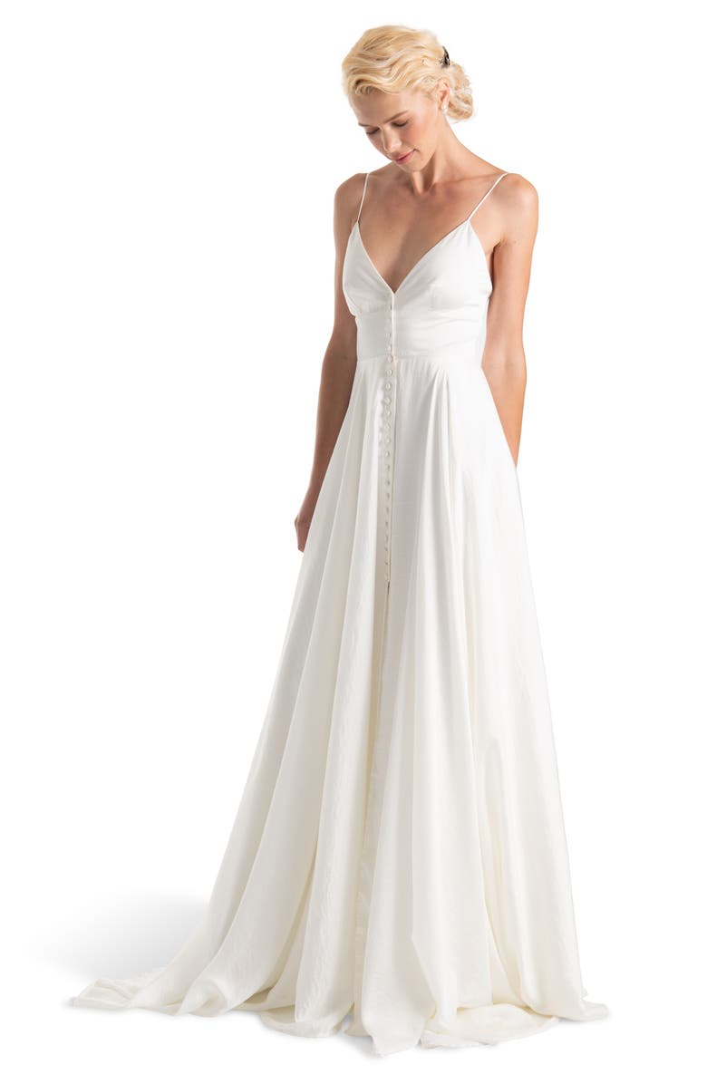 Joanna August Nancy Button Front A-Line Wedding Dress, Alternate, color, 