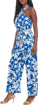 London Times Floral Crossover Halter Neck Jumpsuit