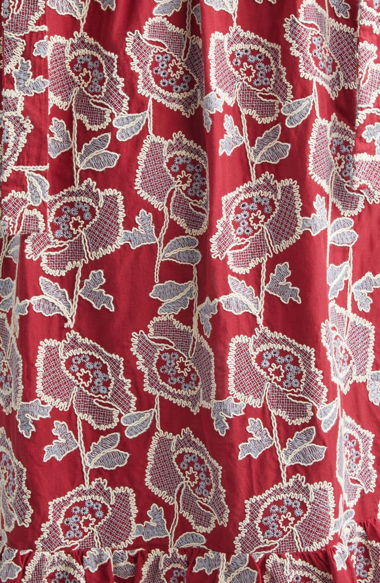 Erdem Floral Embroidered Tiered Cotton Blend Midi Sundress, Alternate, color, Cherry