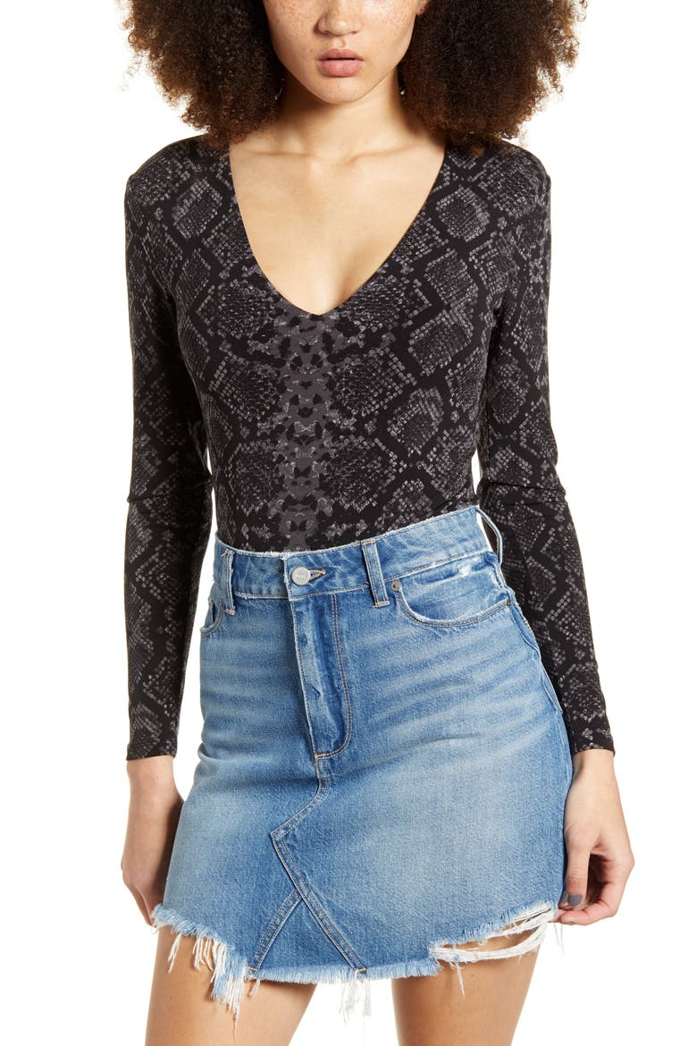 Deep V-Neck Long Sleeve Bodysuit, Main, color, GREY FORGED SNAKESKIN