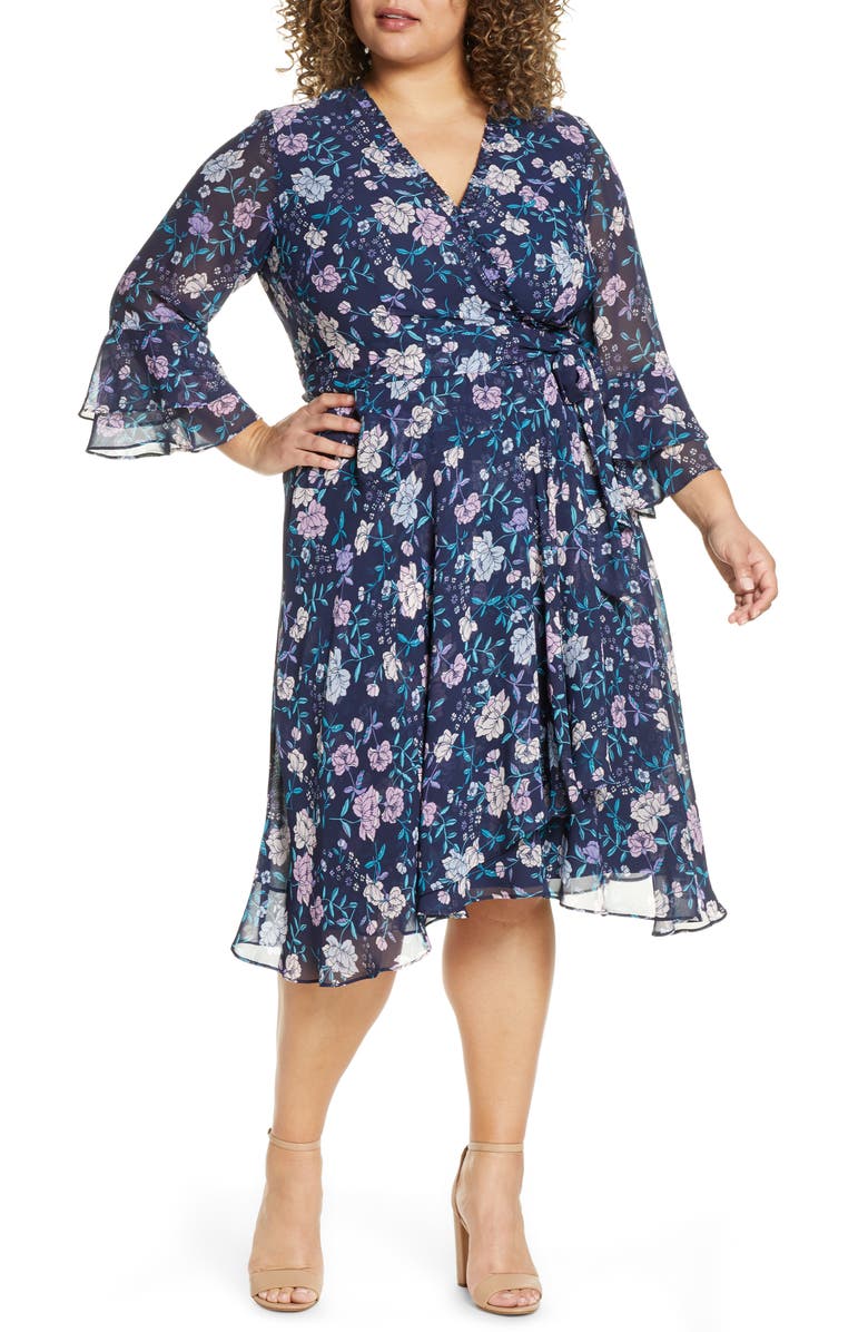 Tahari Long Sleeve Faux Wrap Chiffon Dress, Main, color,