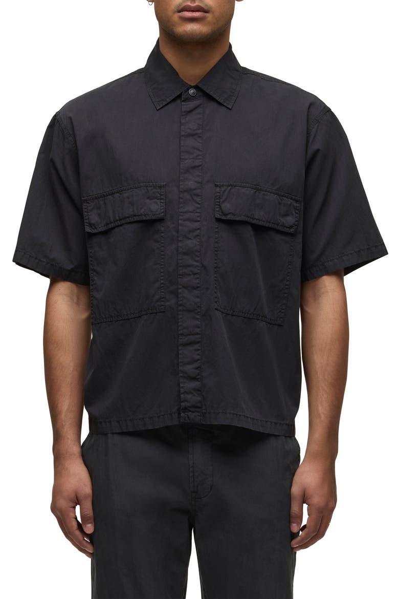 Utility Oversize Short Sleeve Cotton & Nylon Snap-Up Shirt, Main, color, BLACK