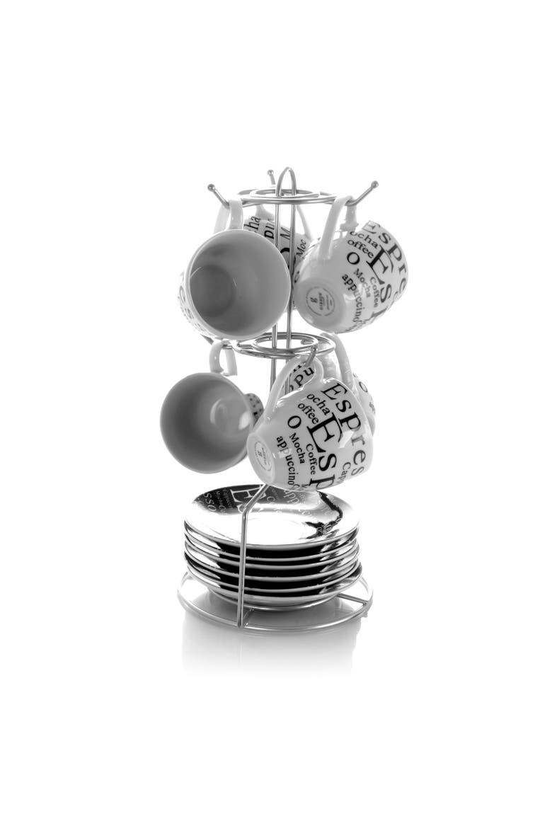 Espresso 13 Piece Small 3 oz Stoneware Coffee Cup Set with Wire Saucer Cup Rack, Main, color, White