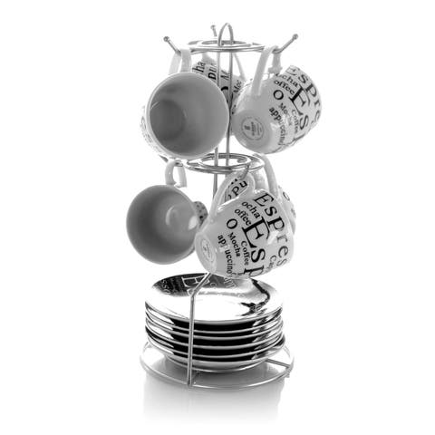 Espresso 13 Piece Small 3 oz Stoneware Coffee Cup Set with Wire Saucer Cup Rack