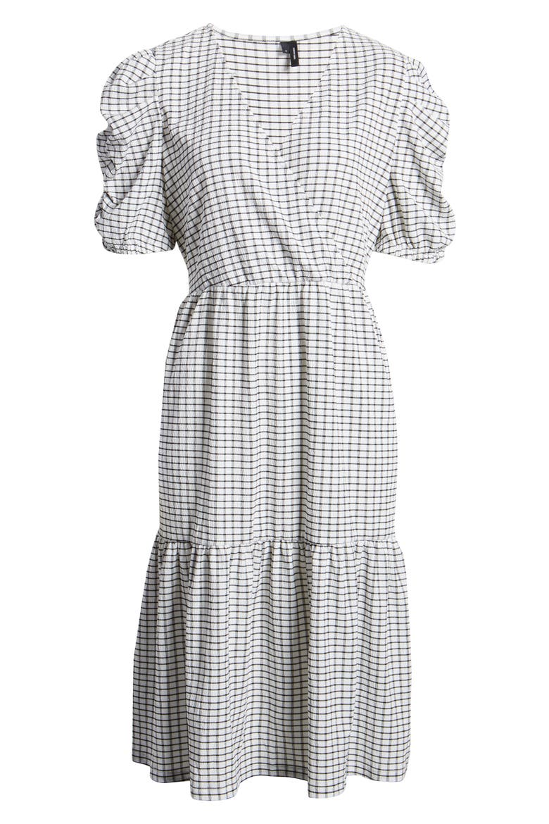 Puff Shoulder Midi Dress, Alternate, color, BLACK W/ WHITE CHECK