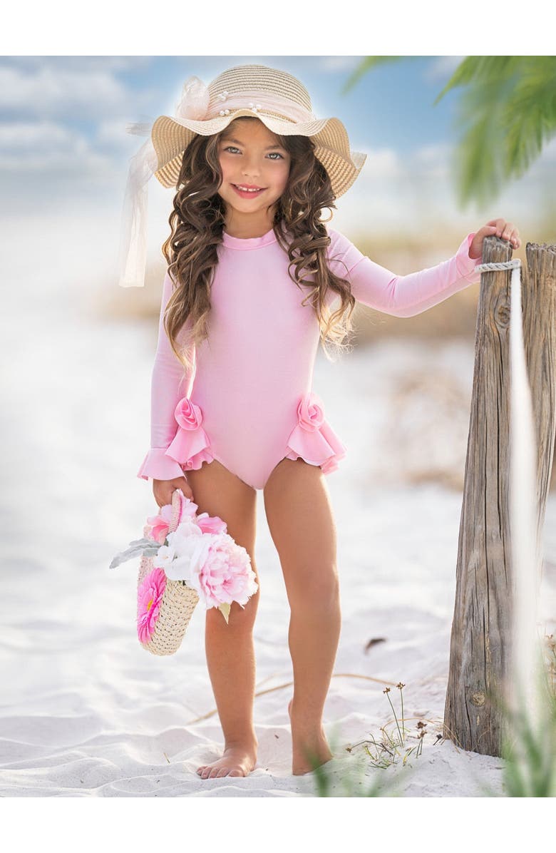 Mia Belle Girls Rose Petal Rash Guard One-Piece Swimsuit, Alternate, color, Pink