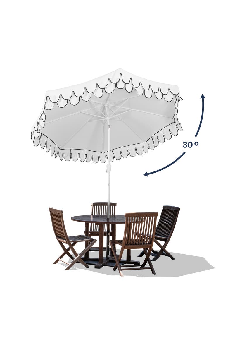 JONATHAN Y Tracy 9 ft. Classic MidCentury Scalloped Fringe Market Patio Umbrella with Auto-Tilt, Crank, Wind Vent and UV Protection, Alternate, color, White
