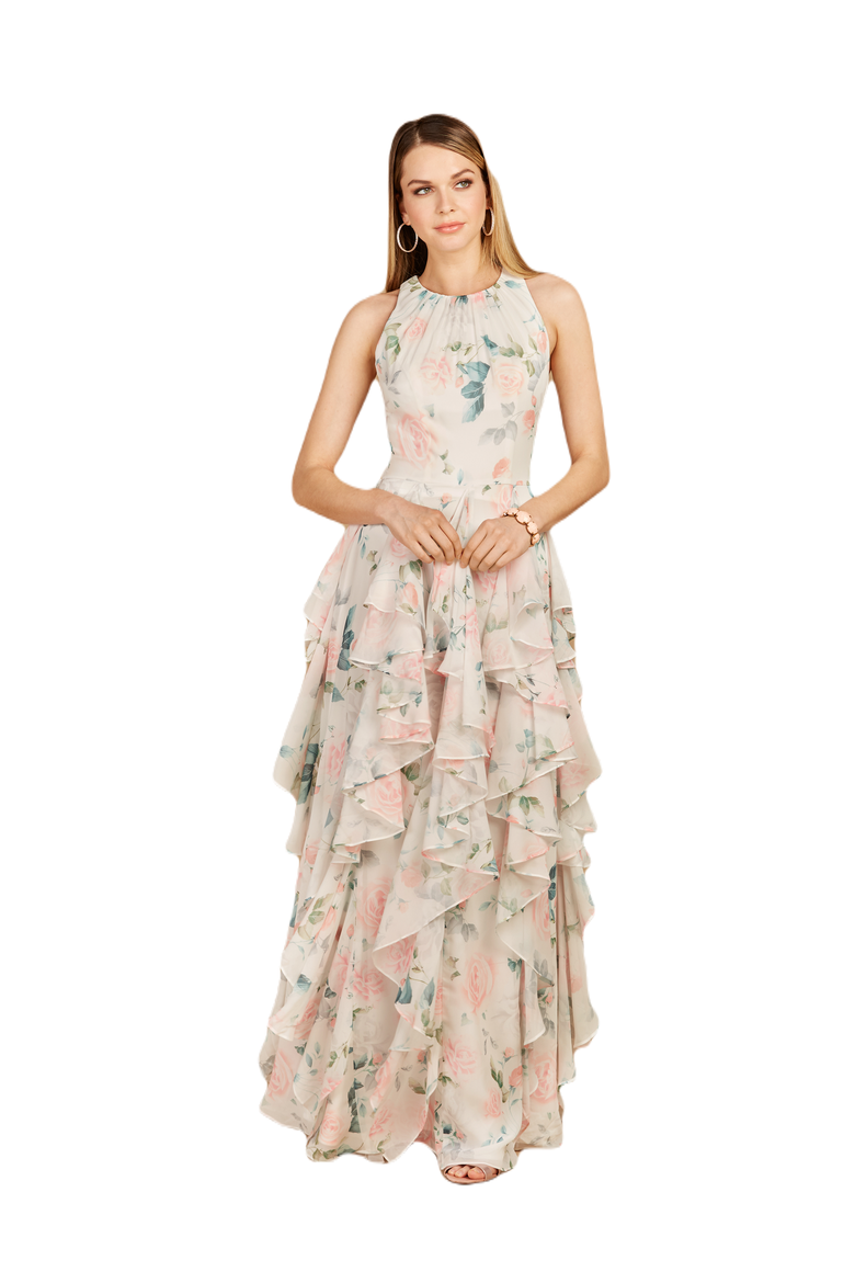 High Neck, Ruffled Skirt Printed Dress, Main, color, WhiteRose