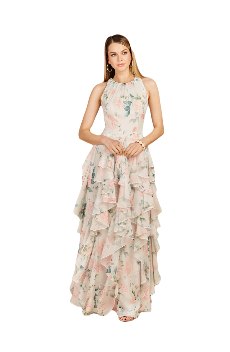 LARA New York High Neck, Ruffled Skirt Printed Dress, Main, color, Whiterose