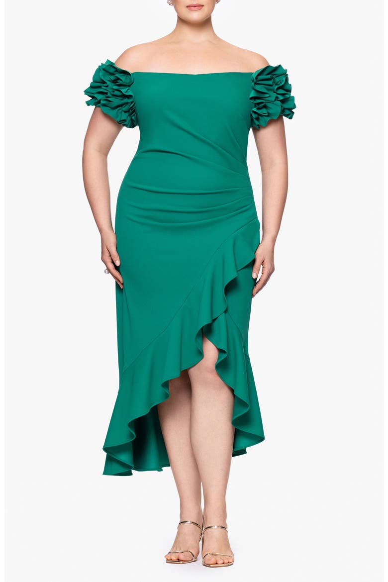 Pleated Ruffle Off the Shoulder Midi Dress, Main, color, GREEN