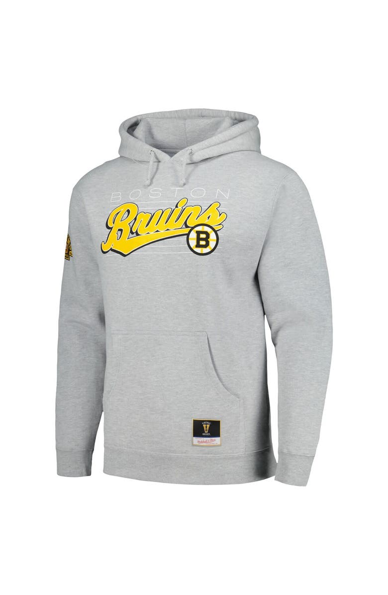 Mitchell & Ness Men's Mitchell & Ness Heather Gray Boston Bruins 100th Anniversary Script Sweep Pullover Hoodie, Alternate, color, 