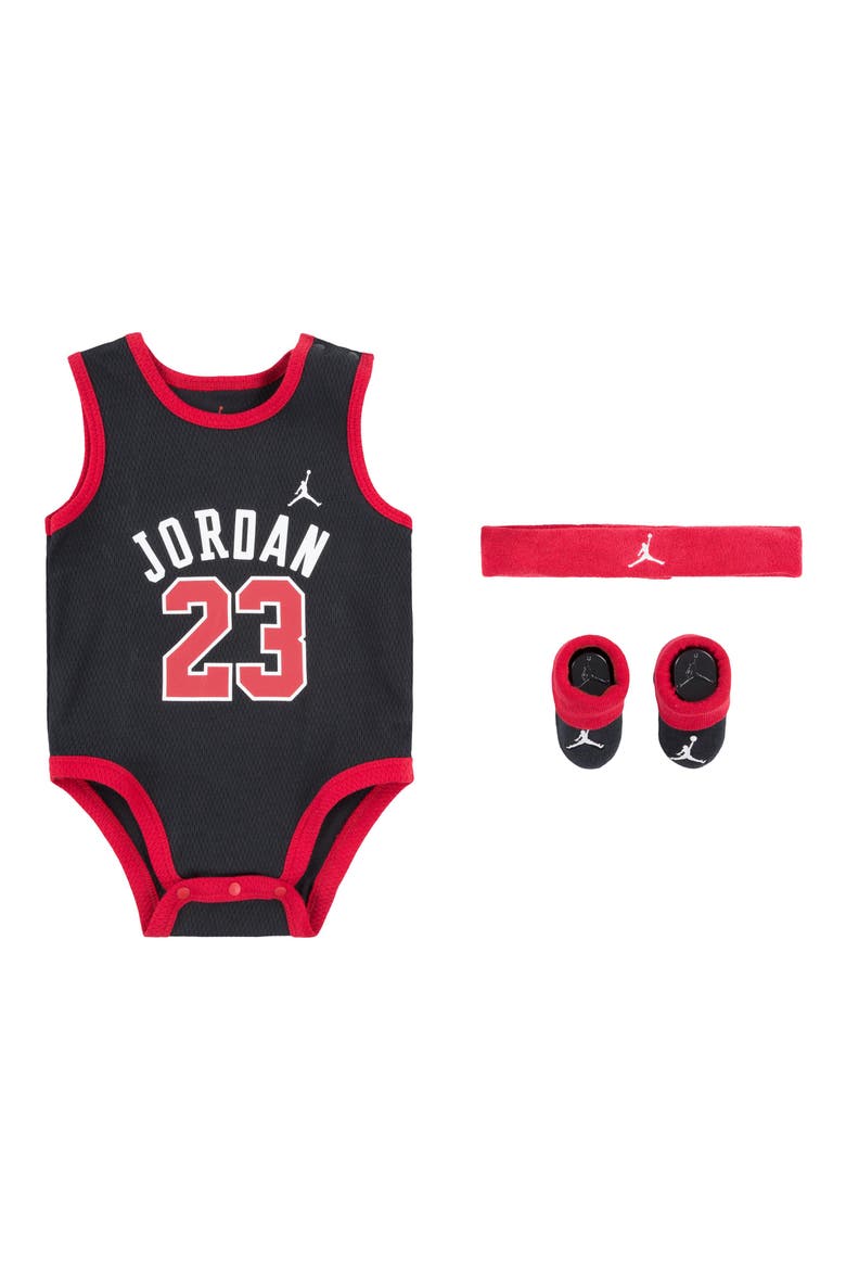 3-Piece Mesh Jersey Bodysuit, Headband & Booties Set, Main, color, BLACK