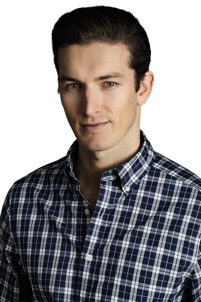 Slim Fit Button-Down Collar Non-Iron Stretch Poplin Check Shirt, Alternate, color, Blue