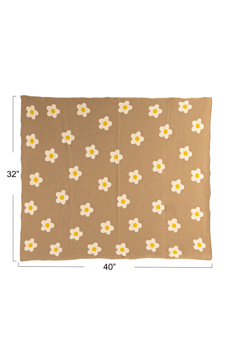 Cotton Knit Baby Blanket with Printed Flowers, Brown and White, Alternate, color, Natural