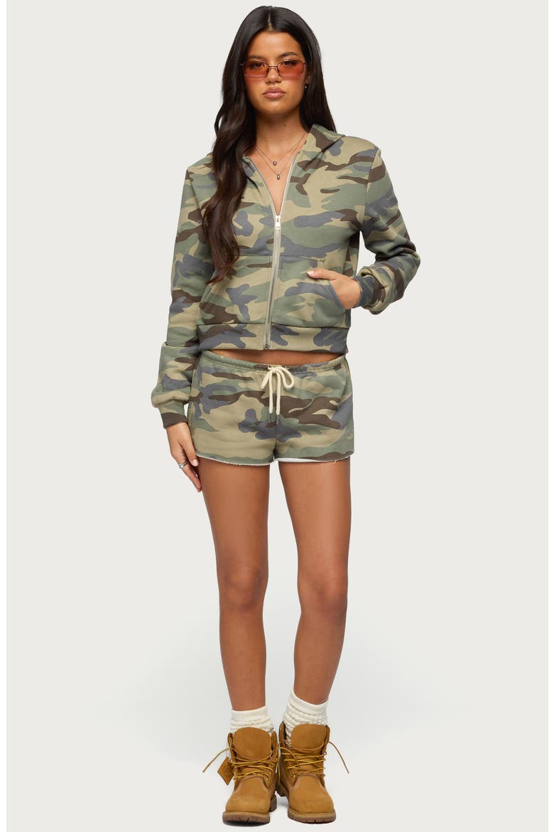 Camo Print Raw Hem Drawstring Shorts, Alternate, color, OLIVE