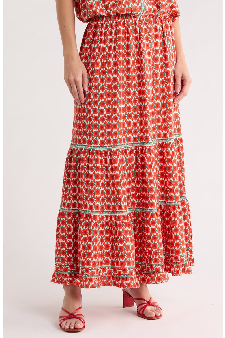 Floral Tiered Maxi Skirt, Main, color, CREAM/ PAPAYA POPPY BUDS