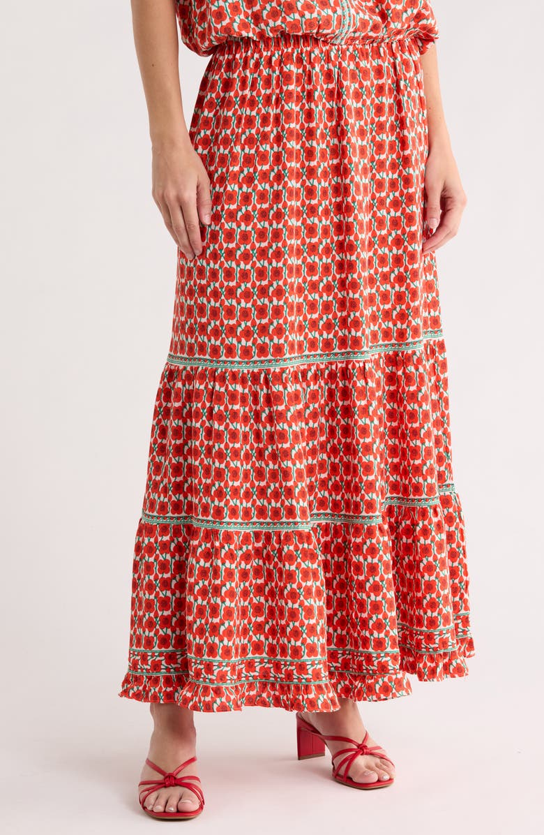 MAX STUDIO Floral Tiered Maxi Skirt, Main, color, Cream/ Papaya Poppy Buds