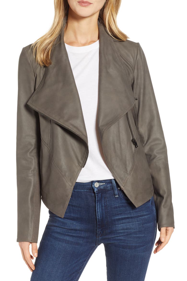 Asymmetrical Zip Front Leather Cascade Jacket, Main, color, GREY