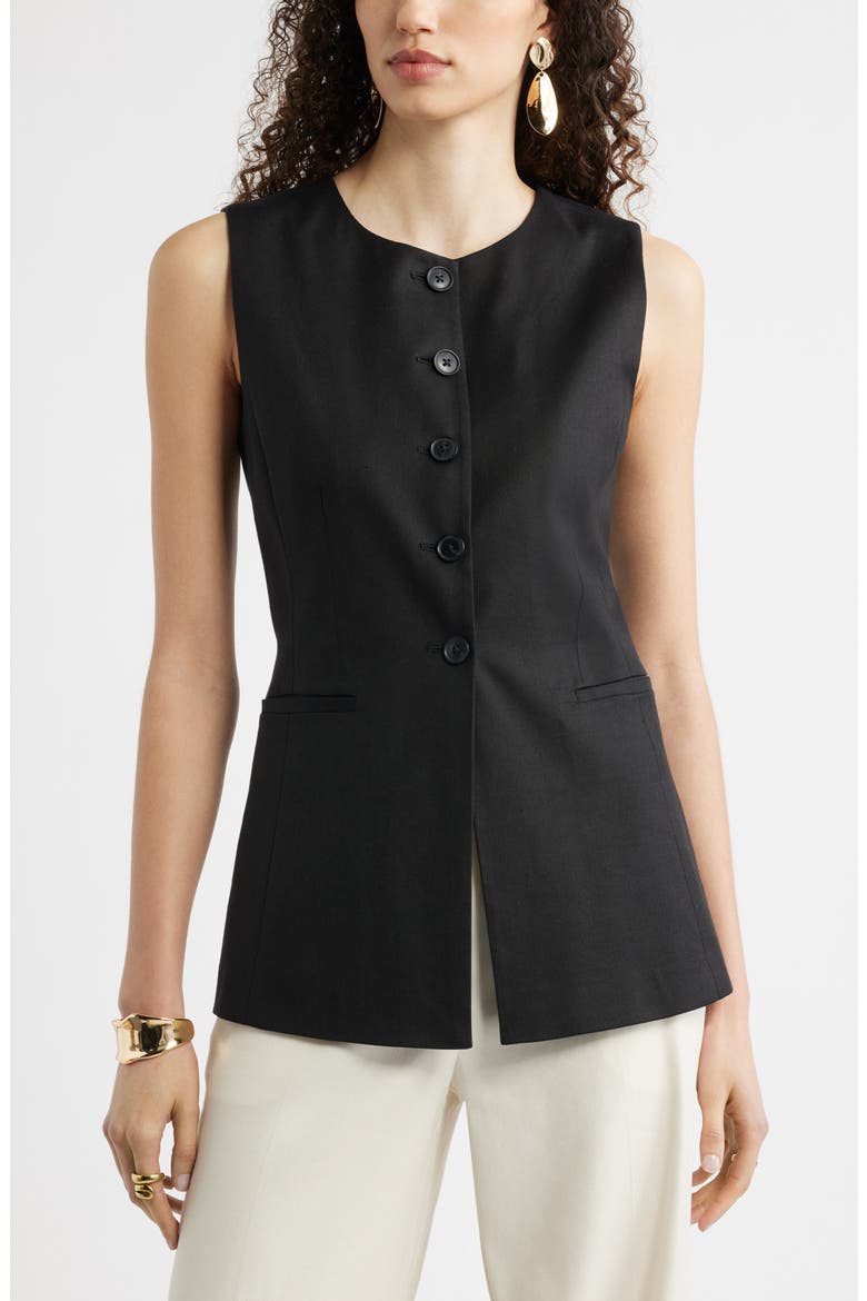 Linen Blend Longline Vest, Main, color, BLACK