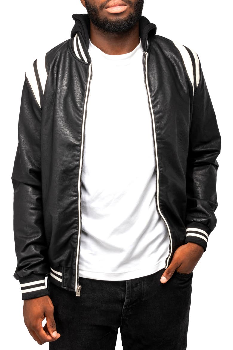 Stripe Faux Leather Hooded Moto Jacket with Faux Fur Lining, Main, color, BLACK/ WHITE