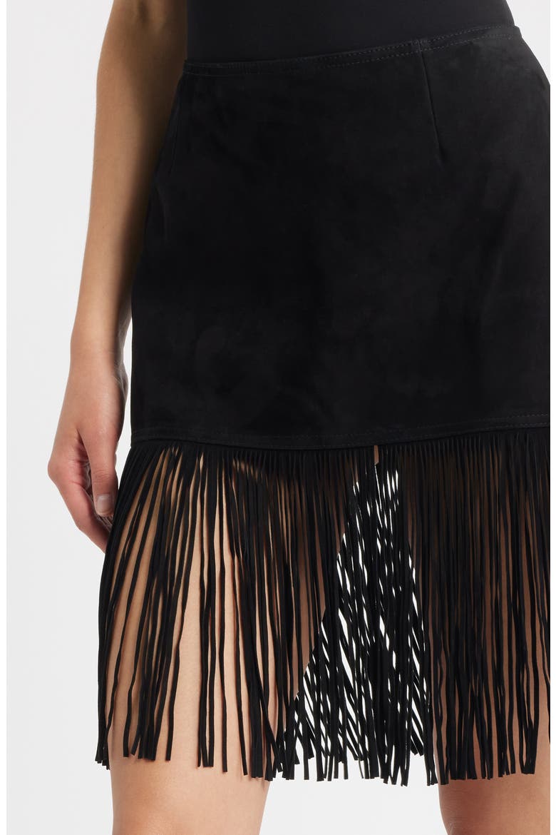 The Saddle Fringe Trim Suede Skirt, Alternate, color, BLACK