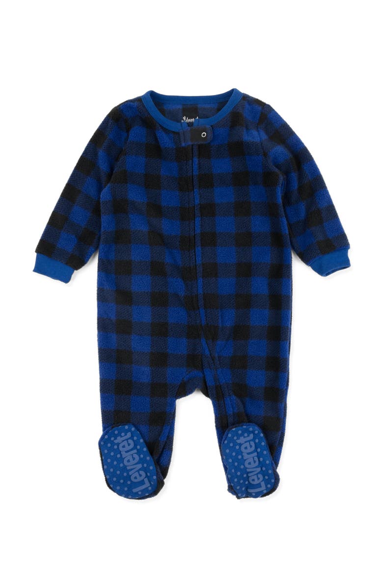 Leveret Footed Fleece Printed Holiday Pajamas, Main, color, Plaid Black 
Navy
