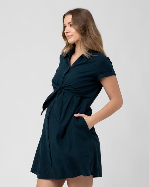 Ripe Maternity Maternity Colette Short Sleeve Tie Up Linen Dress In Black