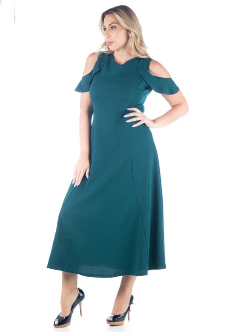 24seven Comfort Apparel Plus Size Ruffle Cold Shoulder A Line Maxi Dress In Animal Print