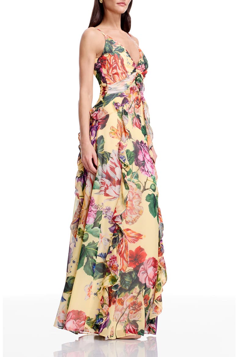 Jayden Floral Ruffle A-Line Gown, Main, color, GOLDEN FLORAL MULTI
