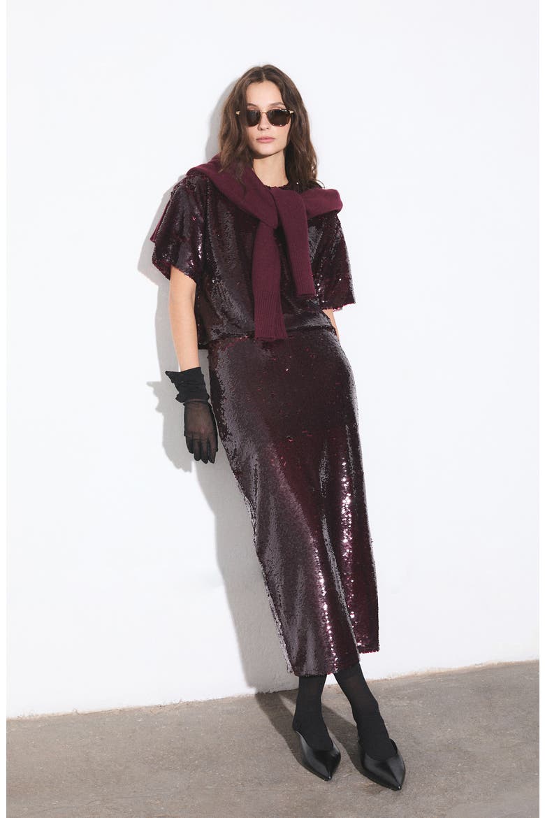 Logan Sequin Maxi Skirt, Alternate, color, BORDEAUX